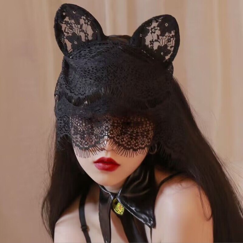 Black Lace Cat Ears Veil Mask Gothic Masquerade Costume Headpiece